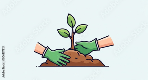 Person planting a young green plant into the brown soil with gardening gloves on their hands
