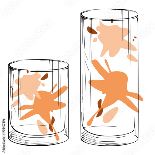 Warm beige and creamy orange amorphous splashes in tumbler and highball hand drawn glasses, ink outlines. Golden vector palette for tea, cocoa or coffee. Branding kits, menus, and promotional prints.