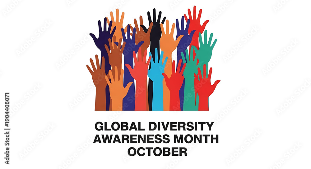 Obraz premium global diversity awareness month in october many vibrant raised hands symbolize unity inclusion and equality concepts.