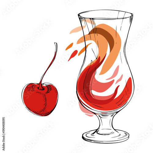 Modern Tequila Sunrise, Mai Tai, fruit or berry lemonade, red and orange juice swirl with liquid drops in hand drawn highball glass. Ink vector for product design, lifestyle branding, and bar sets.