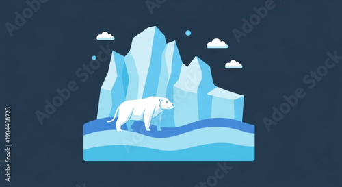 Polar bear standing on melting ice floe with iceberg and clouds symbolizing climate change and global warming effects on arctic wildlife and ecosystems