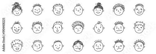 Hand Drawn Cartoon Face Doodles Set 1 - Simple Black Line Art and Playful Minimal Sketch Style for Childlike Expressive Characters