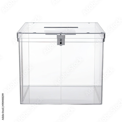 Transparent locked acrylic ballot box with top slot on a black background.