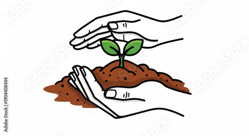 Hands nurturing a small green plant growing in brown soil symbolizing growth and care