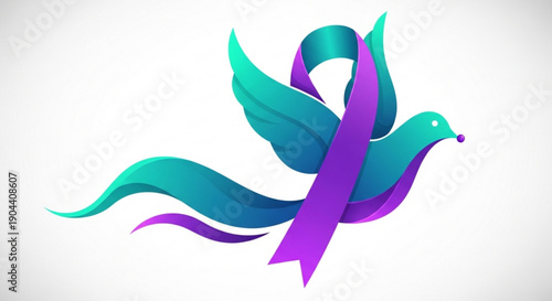 Colorful dove flying with purple ribbon symbolizing peace and awareness against a white background