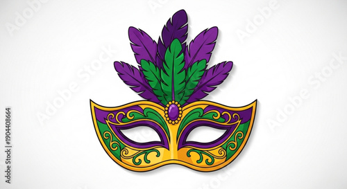 Vibrant mardi gras mask with colorful feathers and swirling patterns on a plain background for party themes