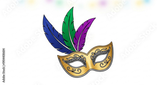 Golden masquerade mask with colorful feathers on white background carnival decoration luxury party accessory mysterious elegance