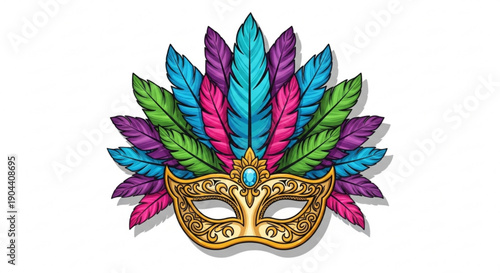 Vibrant masquerade mask with colorful feathers and gold accents on white background for mardi gras or carnival celebrations