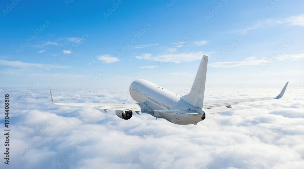 Obraz premium Passenger airplane flying above beautiful clouds on a sunny day with blue sky.