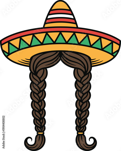 Mexican Sombrero with Braided Hair Vector Illustration in Festive Cartoon Style for Cinco De Mayo