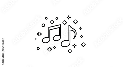Simple black and white outline icon featuring two distinct musical eighth notes surrounded by sparkling decorative elements suitable for audio design or celebration graphics.