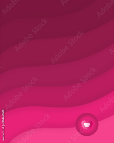 a pink magenta and purple background features wavy bands of color. A small pink circle with a white heart inside, valentine's day 14 february