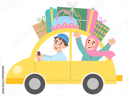 Illustration of a couple traveling by car. Colorful illustration of Muslims celebrating Eid.