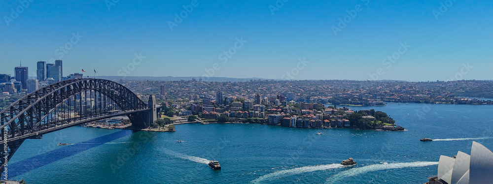 Naklejka premium 7 February 2026 Panorama Aerial View of Sydney Harbour Circular Quay cruise Liner on a nice Summer day beautiful Sky in Sydney NSW Australia