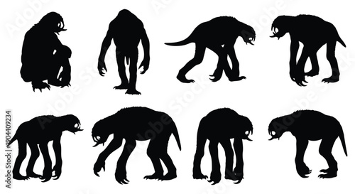 Frightening black silhouette icons depicting various monster poses and mythical creatures
