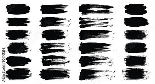 Collection of twenty bold black ink brush strokes showcasing various textures and expressive artistic hand painted marks