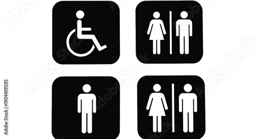 A collection of four universal accessibility and public restroom signage icons including male female and handicapped symbols