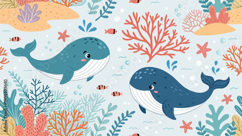 Whales swimming with fish and coral reef in ocean seamless vector background for kids