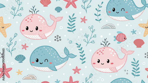 Kawaii marine animals seamless pattern vector with colorful cartoon whales starfish and seaweed on a light blue background with sea