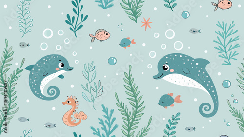 Cute seamless pattern with colorful underwater creatures and plants in pastel colors for design