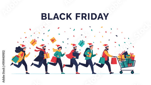 Energetic group of shoppers wearing Santa hats running with gift boxes and shopping bags under a large Black Friday banner with confetti.