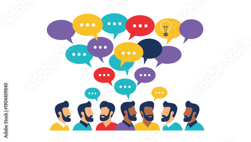 Group of diverse men engaged in a discussion with numerous colorful speech bubbles and a lightbulb icon representing a collective brainstorm.