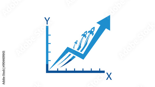 Blue line graph showing an upward trend with multiple rockets launching alongside the arrow, symbolizing rapid business growth and success.
