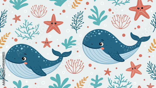 Cute cartoon whales and sea creatures seamless pattern blue and orange underwater background with smiling whales and starfish seaweed