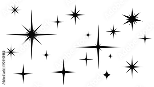 Pattern of black star and sparkle silhouettes of various sizes scattered across a white background, useful for decorative design elements.