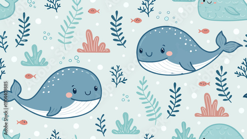 Whimsical cartoon whales swimming in underwater seamless pattern with seaweed and coral