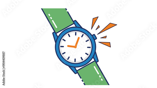Stylized illustration of a blue wristwatch with a white face and green strap against a white background with dynamic orange accents.