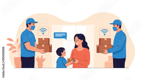 Delivery workers wearing face masks handing over parcels to a mother and child at their doorstep with contactless technology icons.