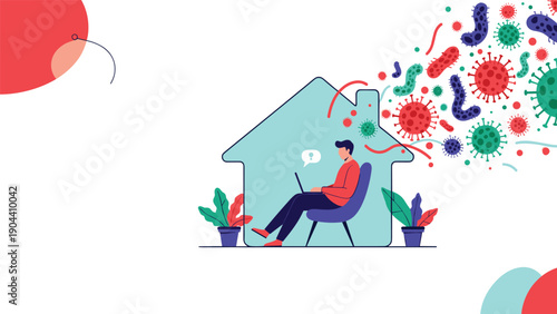 Man sitting in a house-shaped outline working on his laptop while colorful virus particles remain outside, illustrating remote work safety.