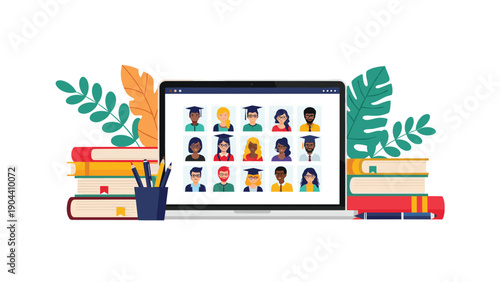 Laptop screen displaying a grid of students for an online class or meeting surrounded by books, pencils, and tropical leaves.