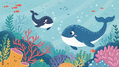 Two whales swimming with fish coral reef sea life vector illustration
