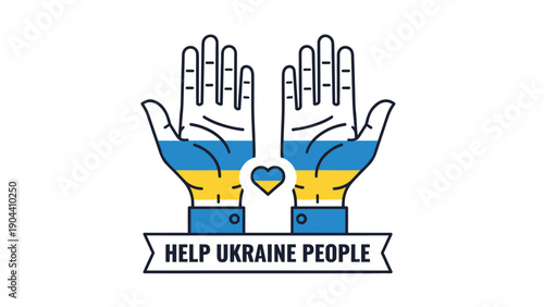 Pair of hands raised with the Ukrainian flag colors and a heart symbol between them with text reading Help Ukraine People.