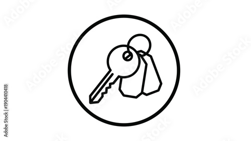 Simple line art icon of a metal key on a keyring with two identity or label tags inside a circular frame on a plain white background.