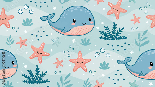 Kawaii ocean life seamless vector pattern with cartoon whales starfish seaweed and bubbles on a light blue background for kids