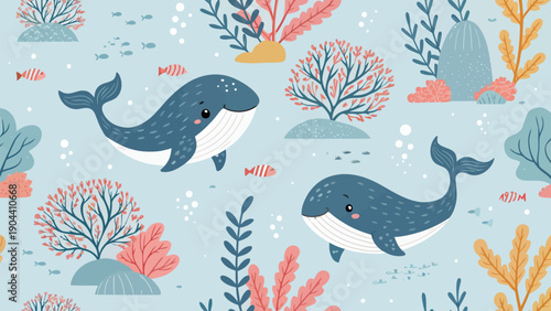 Cute cartoon whales swim with coral reef seaweed in seamless pattern vector illustration for kids ocean underwater scene