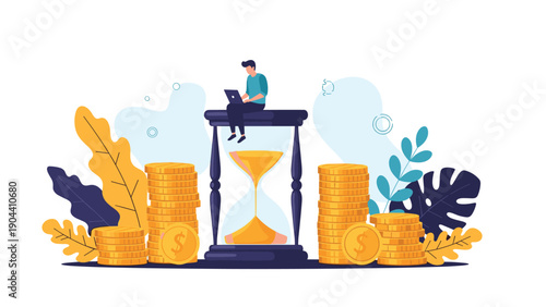 Person sitting on a large hourglass working on a laptop surrounded by stacks of gold coins for time management and finance concepts.