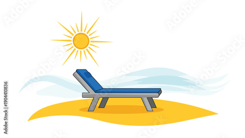 Relaxing blue beach chair on a golden sand island under a bright yellow sun and soft blue waves for summer vacation and travel themes.