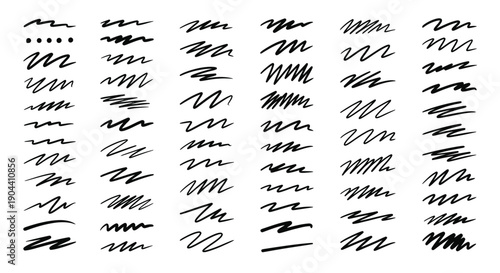 Collection of hand drawn black scribbles doodle lines and messy underline markings representing artistic emphasis or quick note taking in design.