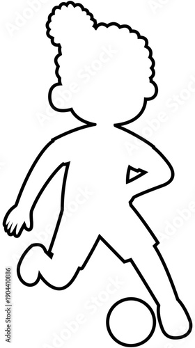 Sporty afro bun glasses girl dribbling inside foot soccer technique step 3 outline illustration Editable Color Vector