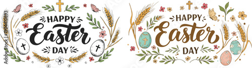 Two happy easter day greeting cards with floral designs and egg decorations