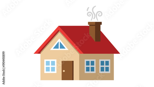 Simple house icon with a red roof, small windows, a brown door, and rising chimney smoke on a white background for real estate themes.