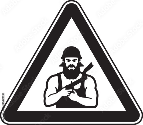 Warning sign with aggressive bearded man holding gun  caution symbol
