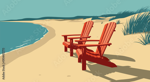 Two Adirondack chairs on a sandy beach with ocean waves in the distance, vector illustration artwork