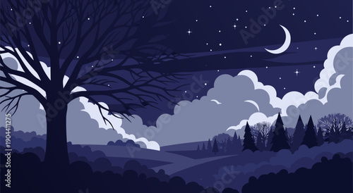 Vector illustration of a serene night landscape with a bare tree under a crescent moon and starry sky