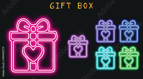 Neon lit gift box with colorful bow and ribbon decoration