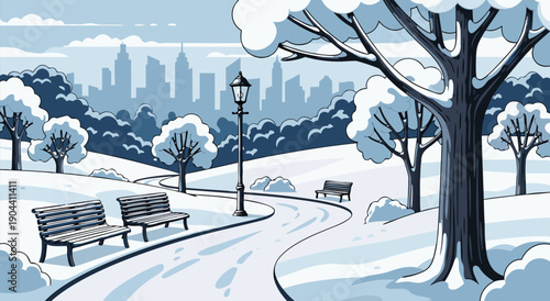 Charming Winter Park Scene illustration Vector Artwork with Cityscape Background for Seasonal Designs